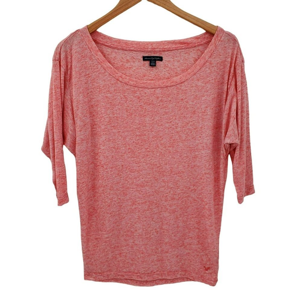 American Eagle Womens Linen Blend Scoop Neck T-Shirt Size XS Pink 3/4 Sleeve